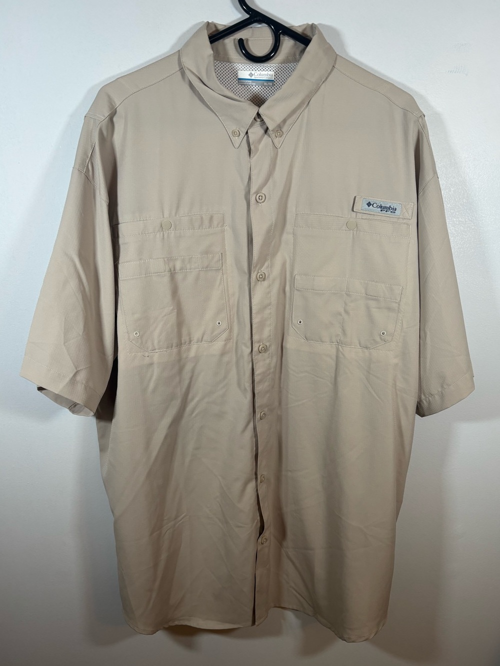 Columbia PFG Mens XL Short Sleeve Button Down Fishing Shirt Beige Tan Vented